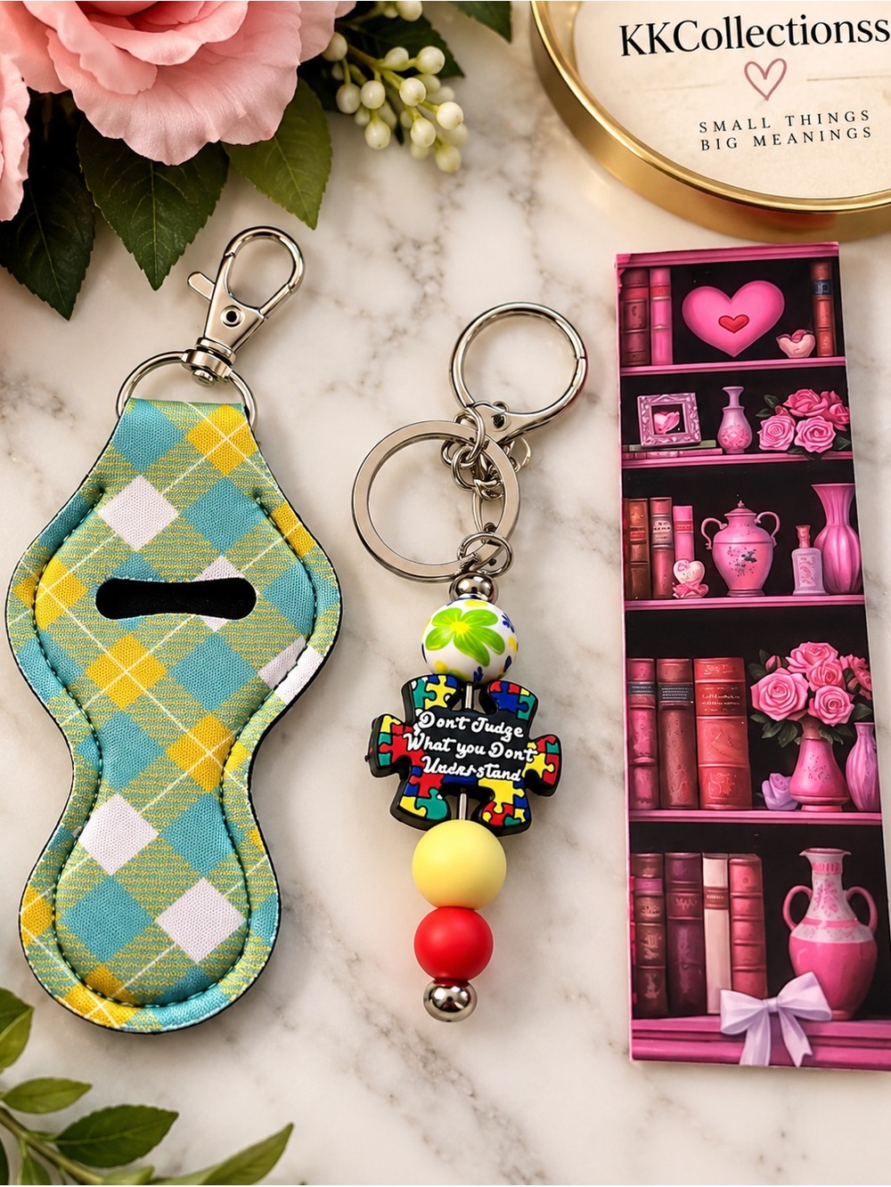 KKCollections Beaded Puzzle Keychain with Message - Yellow, Red, Green